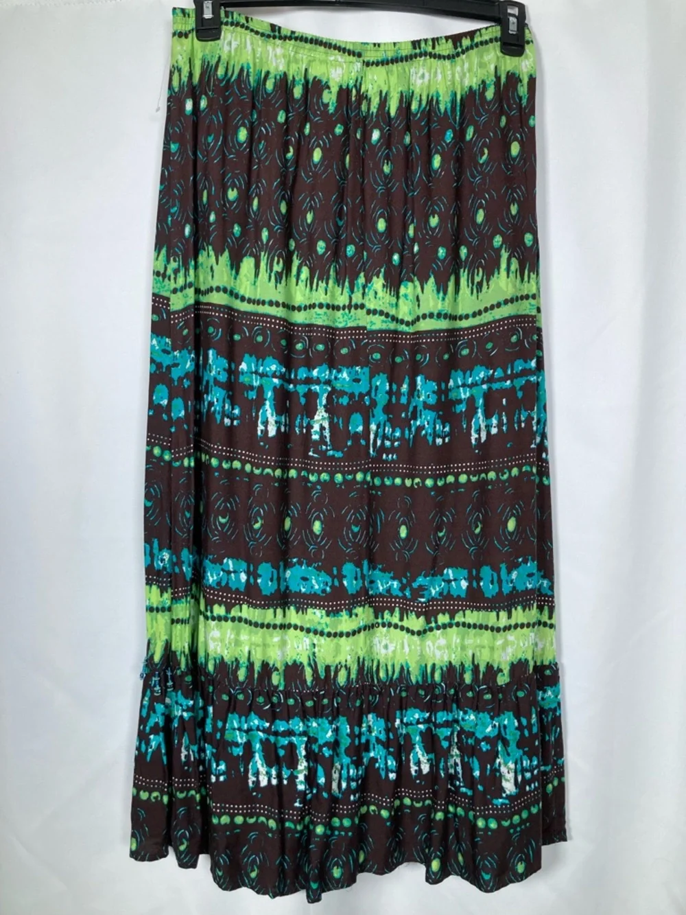 Kim Rogers Boho Paisley Rayon Maxi Skirt Green Brown Blue Size M Beaded Fringe